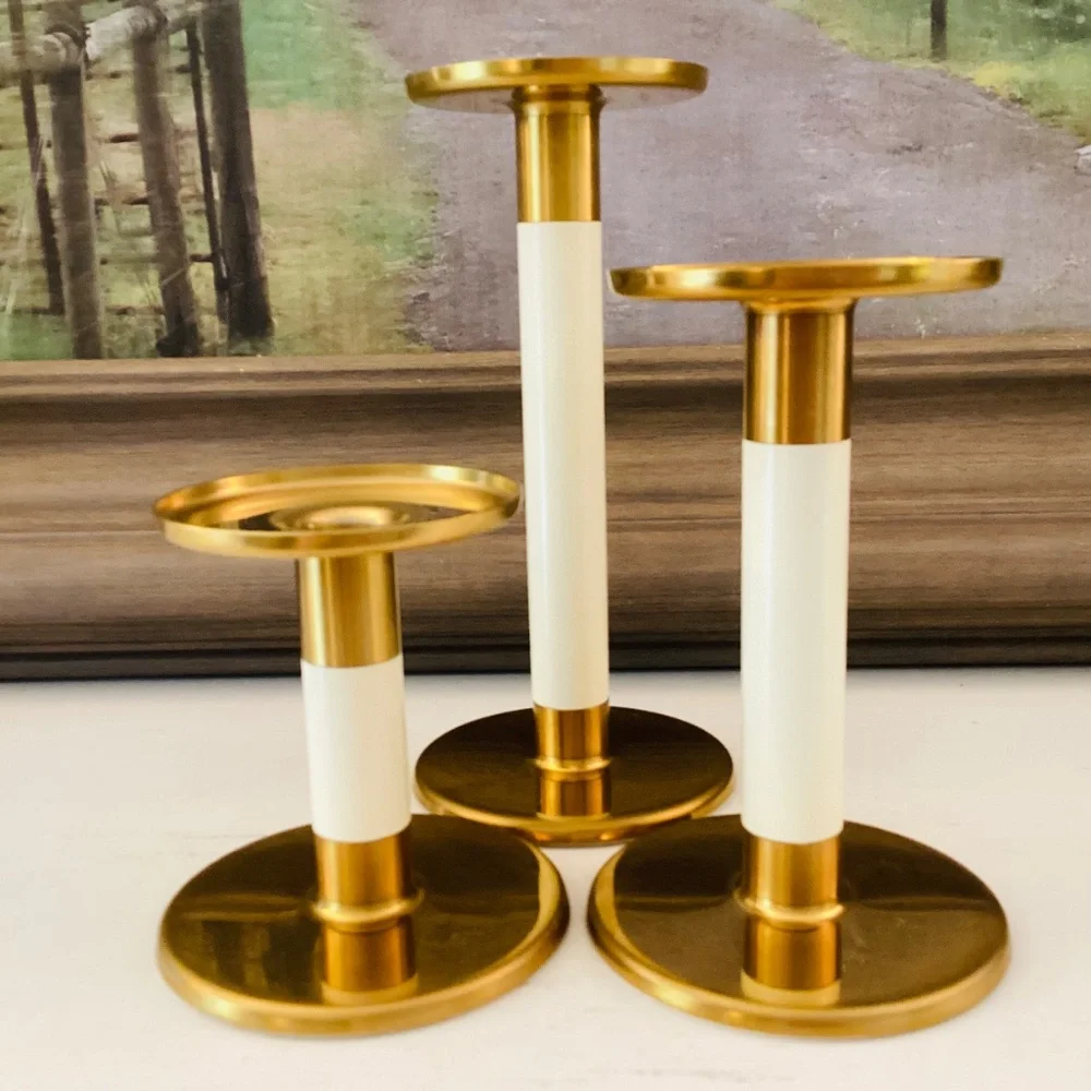 set of 3 IKEA Glittrig candlesticks gold and ivory Discontinued Tapered Pillar